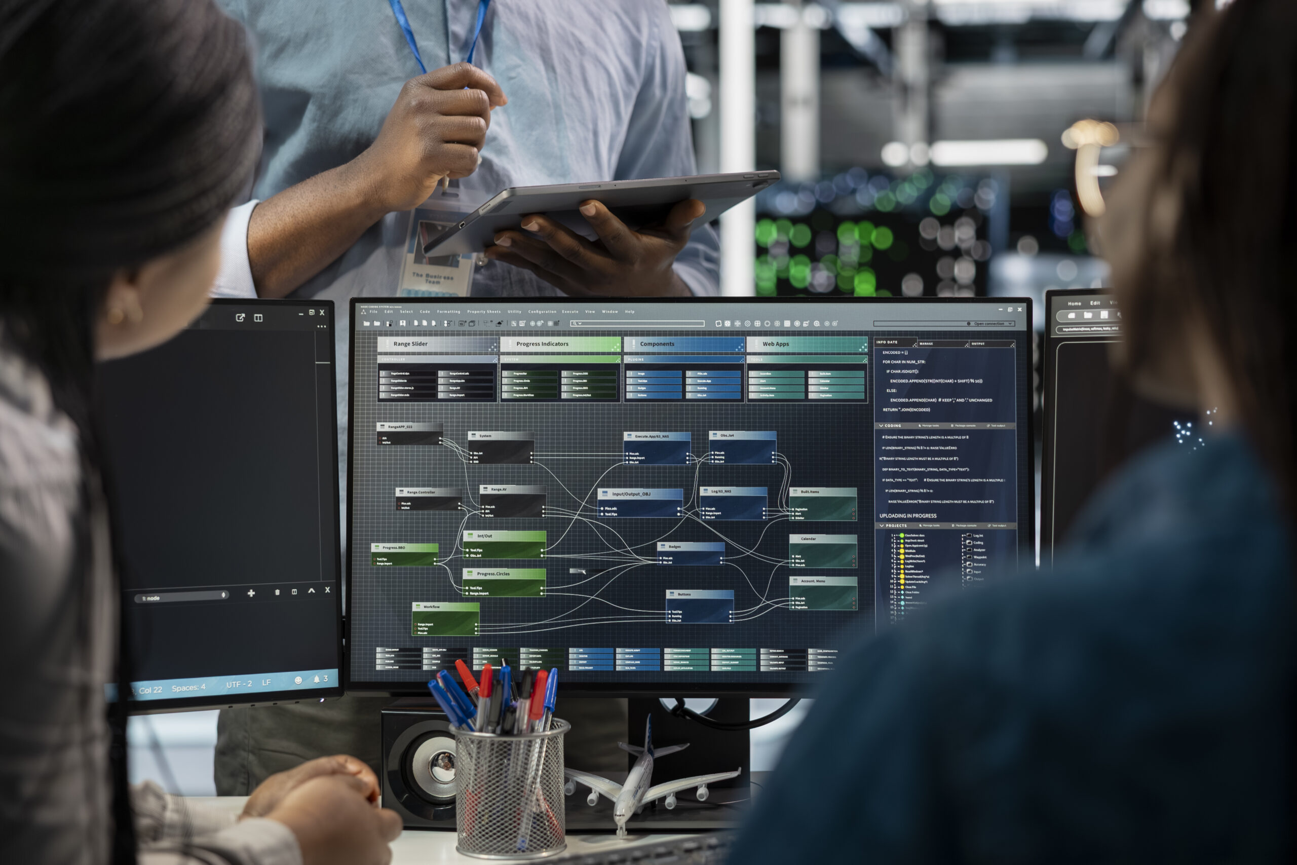 Team of data engineers and IT professionals reviewing enterprise software architecture and data workflows on multiple screens in a modern data center