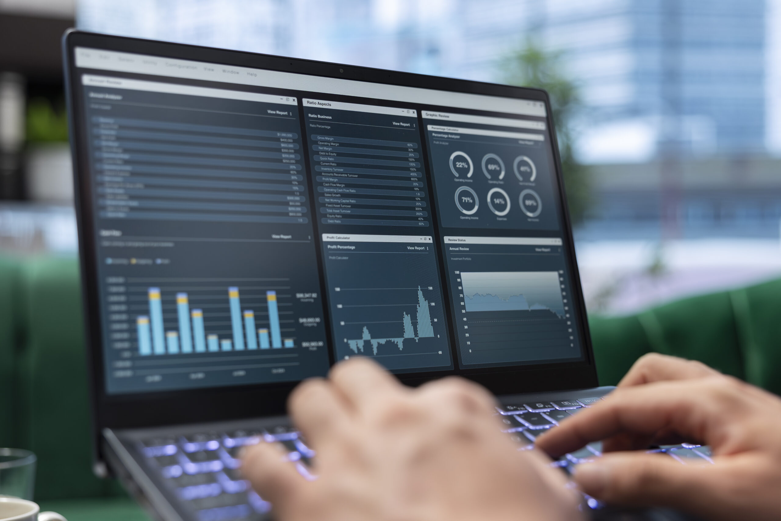 Business professional analyzing AI performance metrics and ROI data on laptop dashboard
